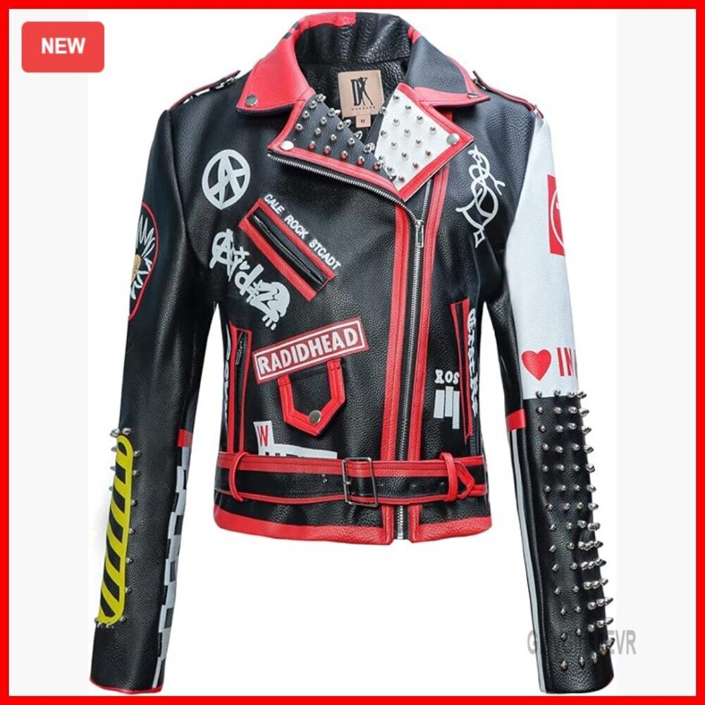 Faux Leather Punk Biker Jacket with Studs, Slim Fit, Long Sleeve